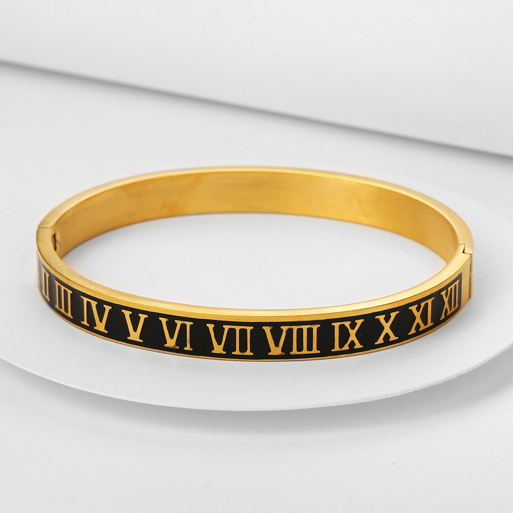 Black Drip Oil Plated Titanium Steel Cuff Bracelet with Roman Numbers and Geometric Round Design for Unisex
