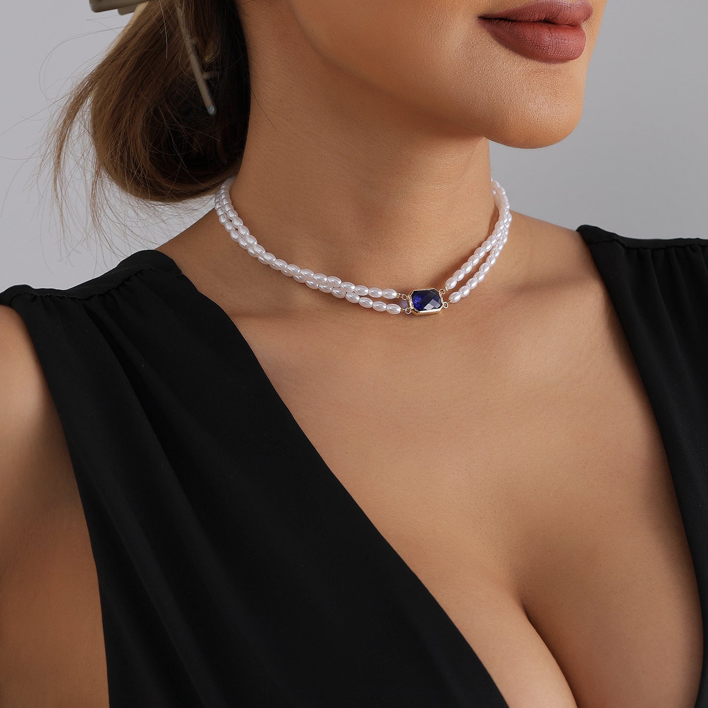 Fashion Double Layer Square Geometric Alloy Necklace with Rhinestone and Imitation Pearl for Women