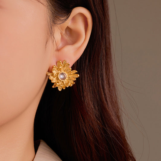 Vintage Style Irregular Petal-Shaped Stainless Steel Earrings with Zircon Inlay, Electroplated Finish, Elegant and Versatile Design