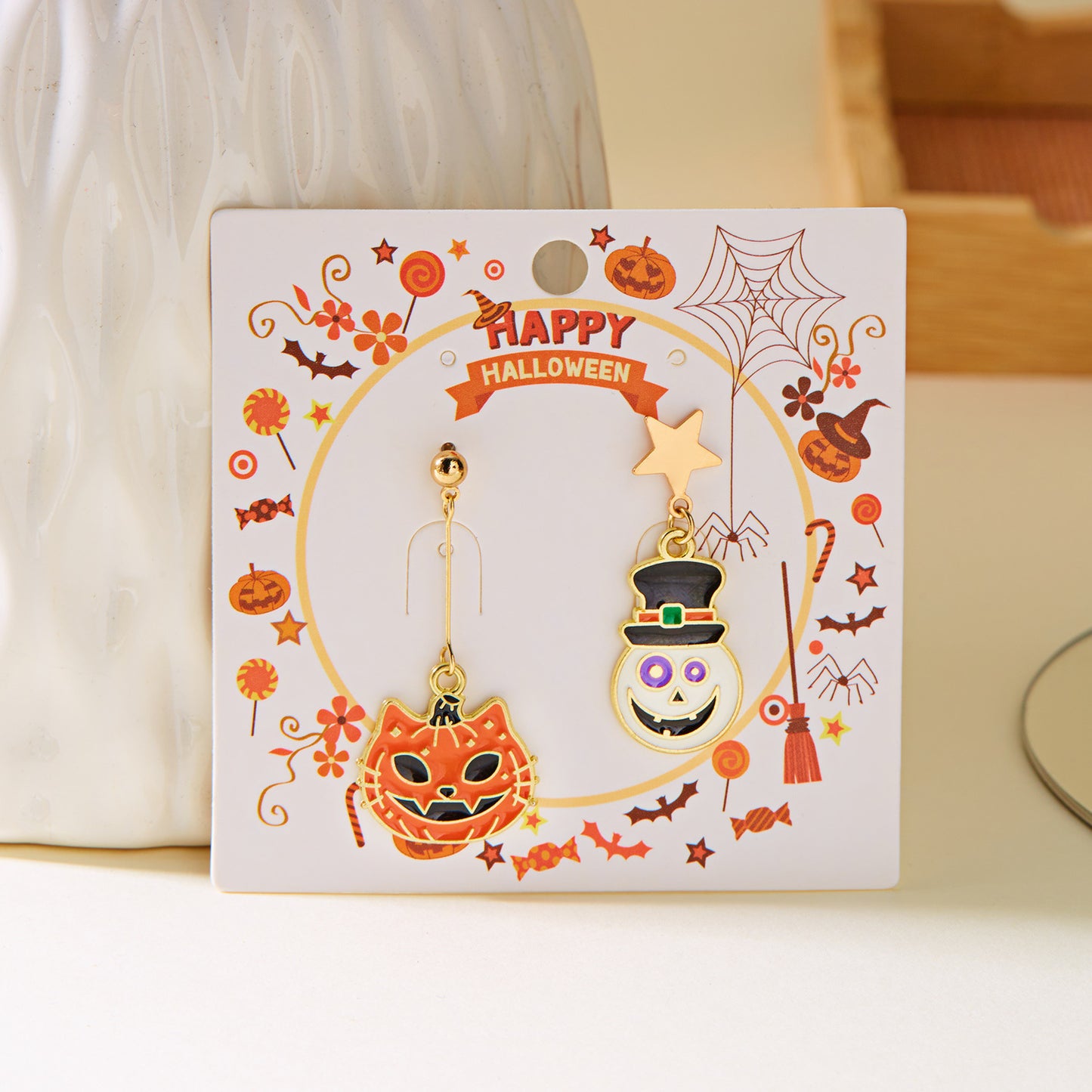 Pendientes asimétricos de aleación con diseño de calabaza y fantasma para mujer, con baño, temática de Halloween