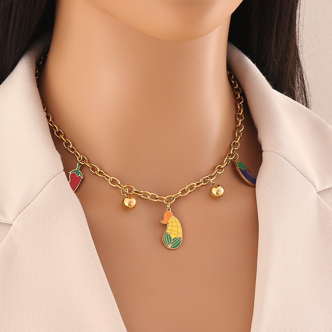 Collana con Ciondolo a Forma di Frutta per Donna, Catena in Acciaio Inossidabile con Charms Mela e Anguria, Finitura Placcata