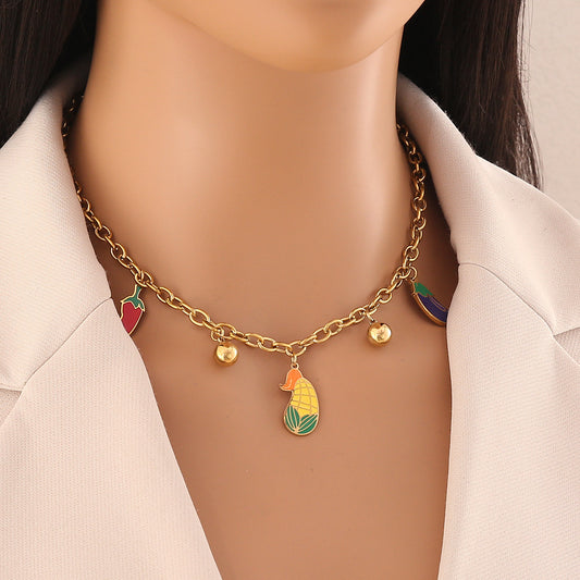Collar de cadena de acero inoxidable con colgante divertido de frutas para mujer, con dijes de manzana y sandía, acabado chapado