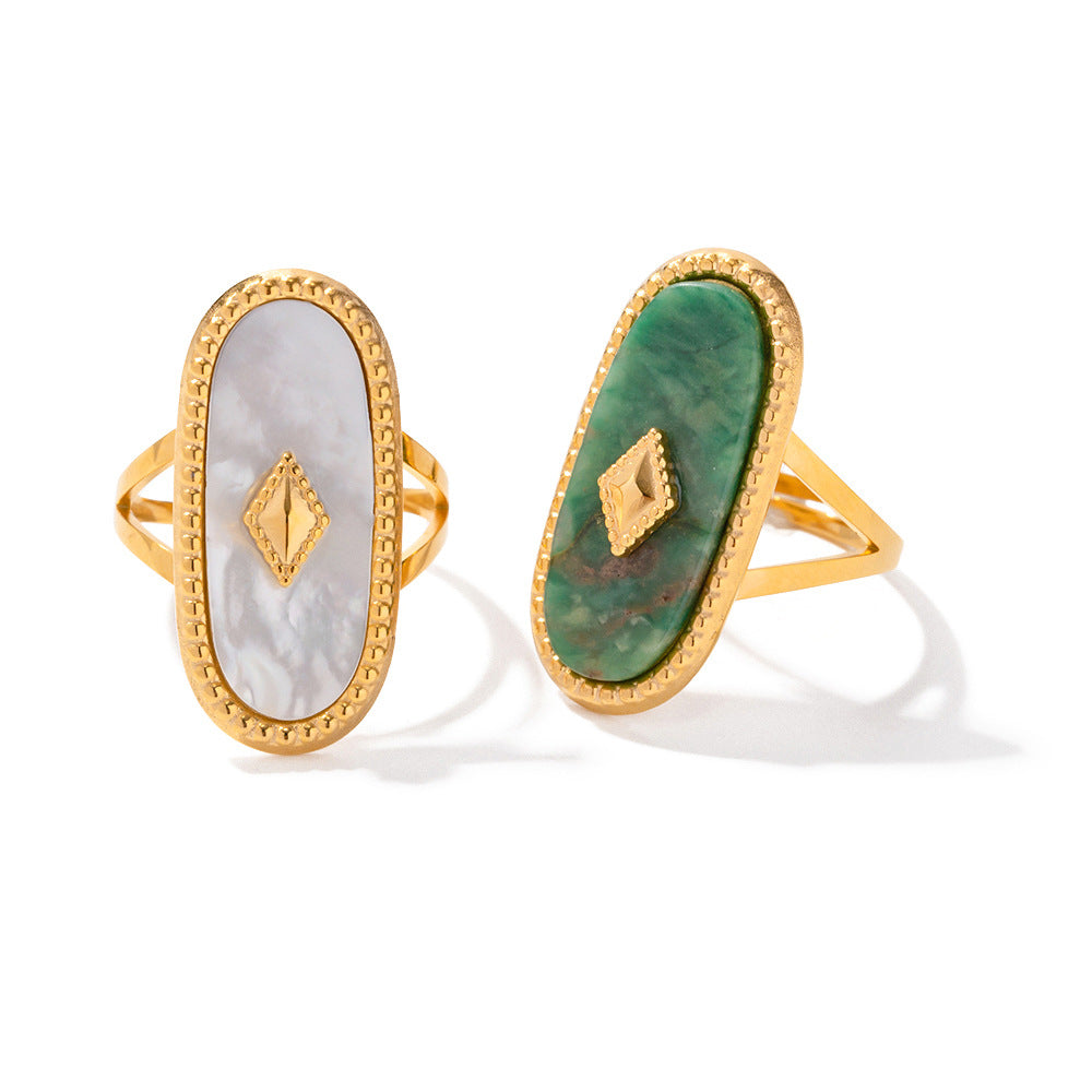 Vintage 18K Gold Plated Stainless Steel Geometric Open Ring with Natural African Jade Stone for Women