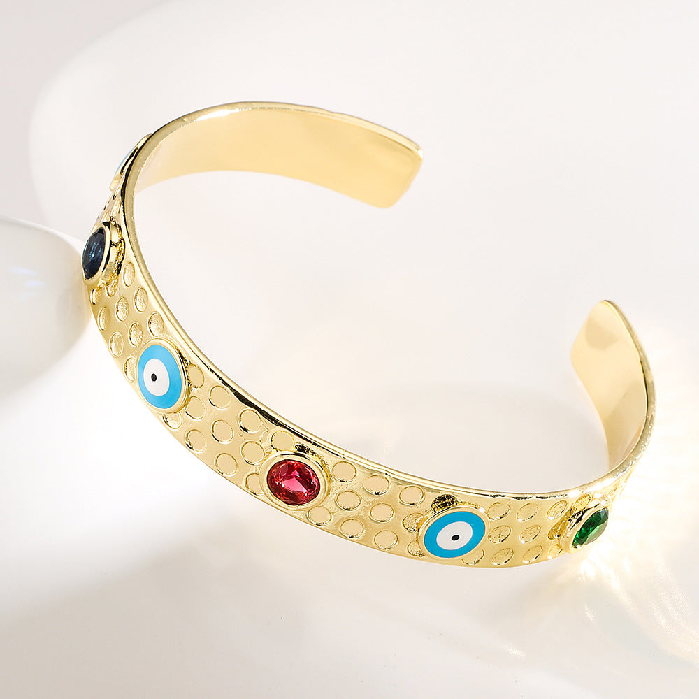 Bohemian Style Geometric Open Cuff Bracelet for Women with Copper Base Plated in Real Gold and Enamel Eye Design with Micro-Pave Zirconia