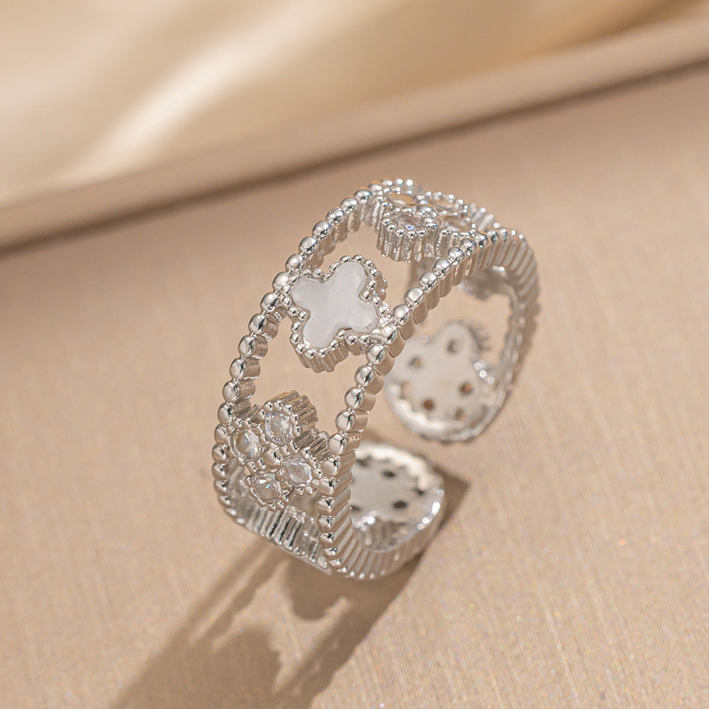 Luxury Minimalist Adjustable Open Ring for Women with Gold-Plated Copper Band and Zircon Stone Accent in Heart and Floral Shape