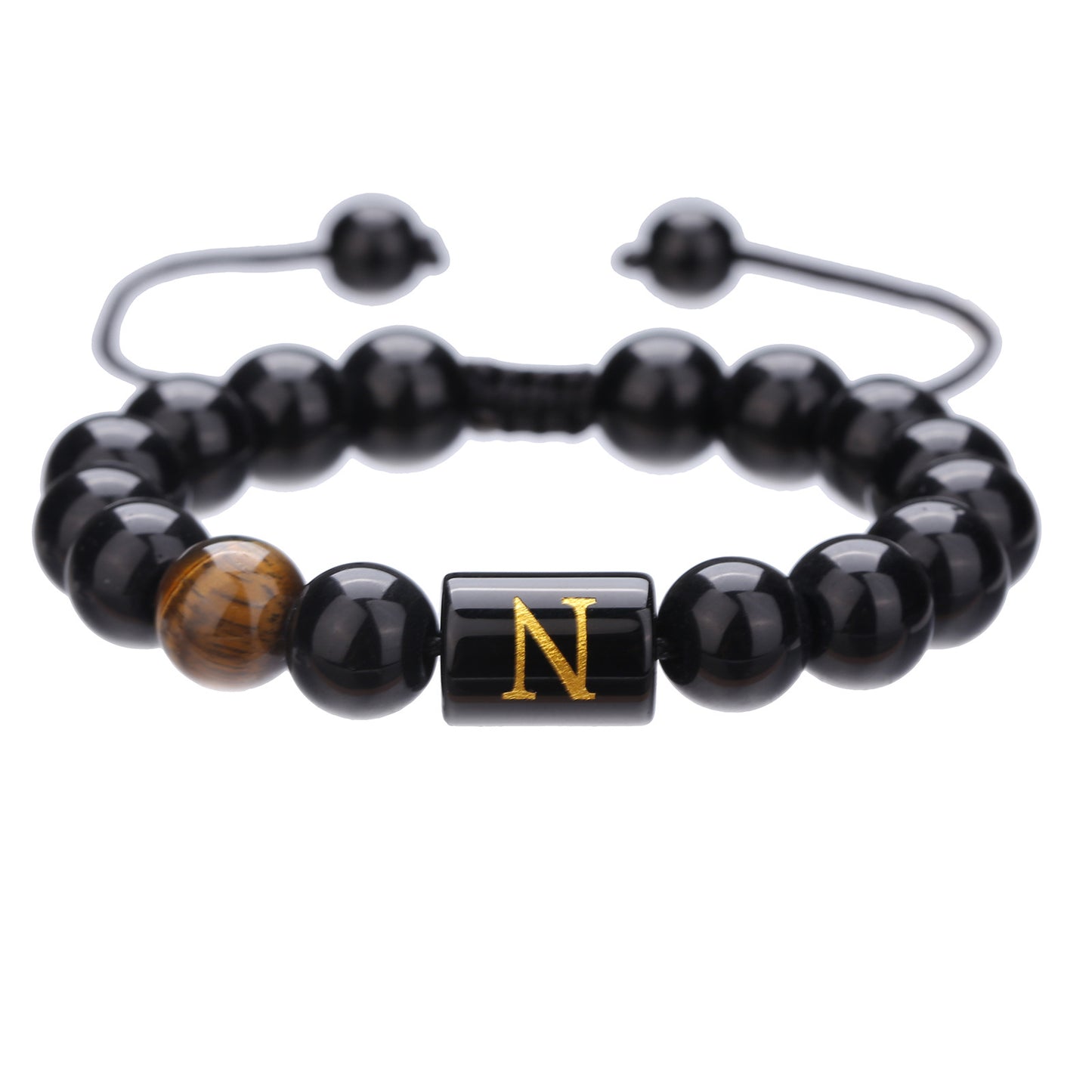 10mm Round Agate Beaded Bracelet with Alphabet Letters Adjustable Unisex