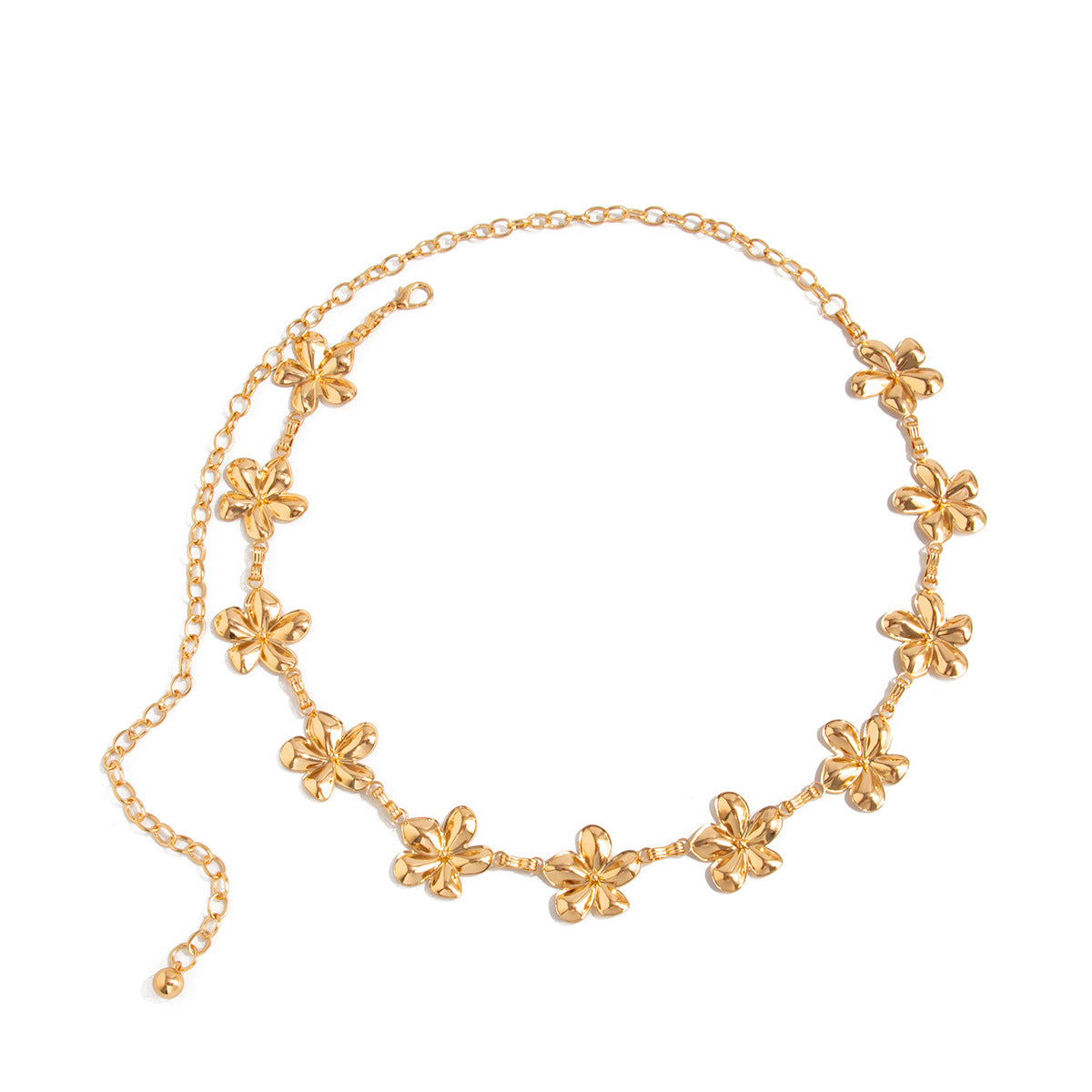 Cintura a catena da donna alla moda stile OL a cinque petali, in metallo con chiusura a moschettone e nappina