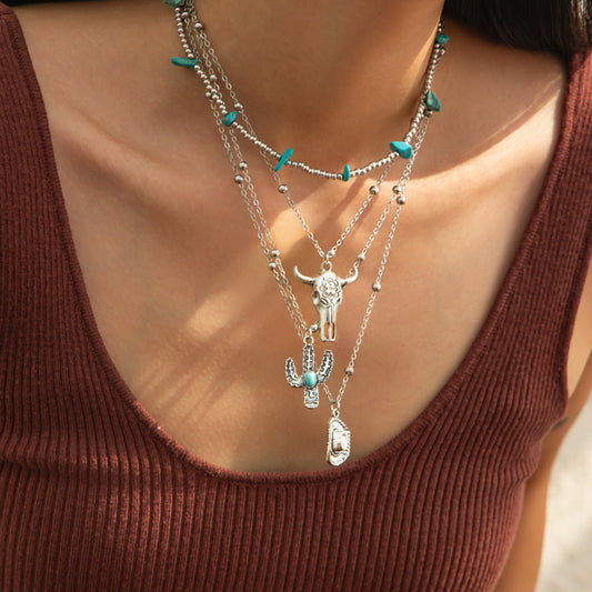 Collana Multistrato Donna Stile Western Vintage Cowboy Turchese con Ciondolo Geometrico e Catena in Lega di Zinco Placcata