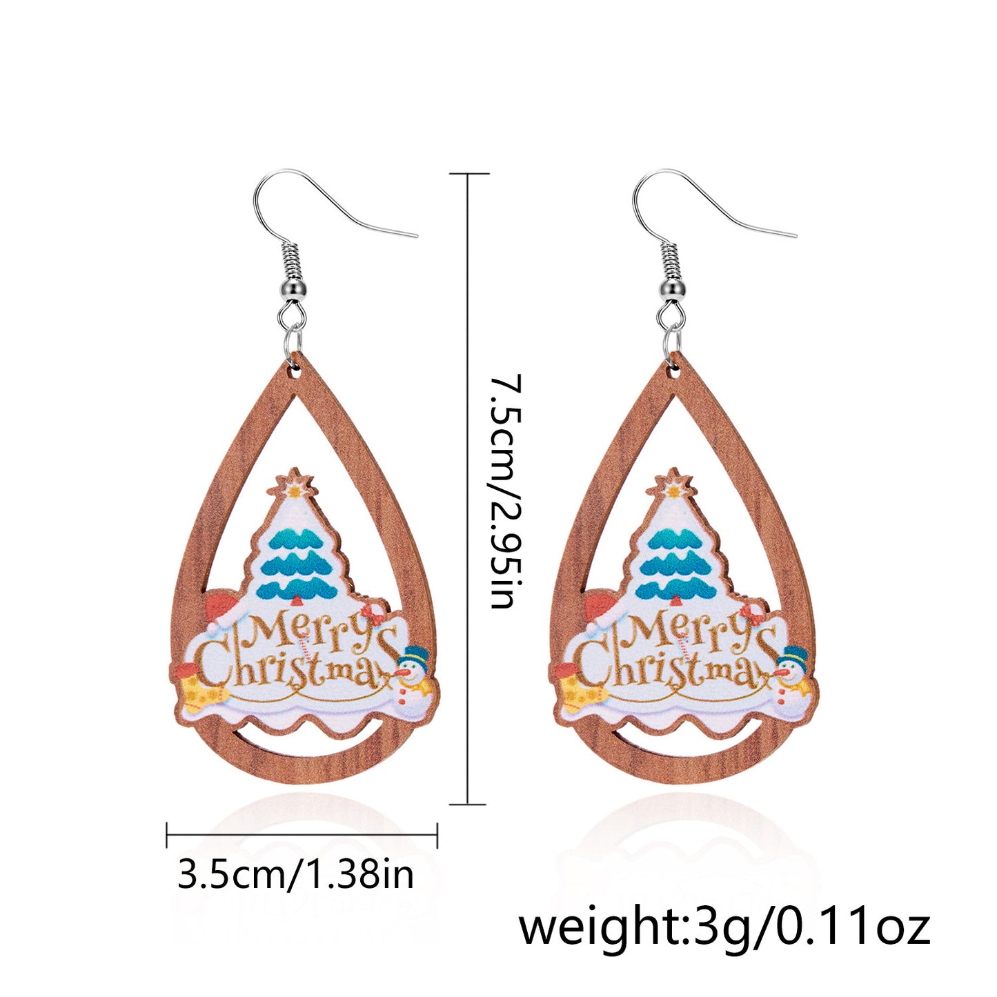 Orecchini natalizi pendenti vintage esotici in legno a forma di goccia con motivi di fiocchi di neve, alberi di Natale e Babbo Natale stampati