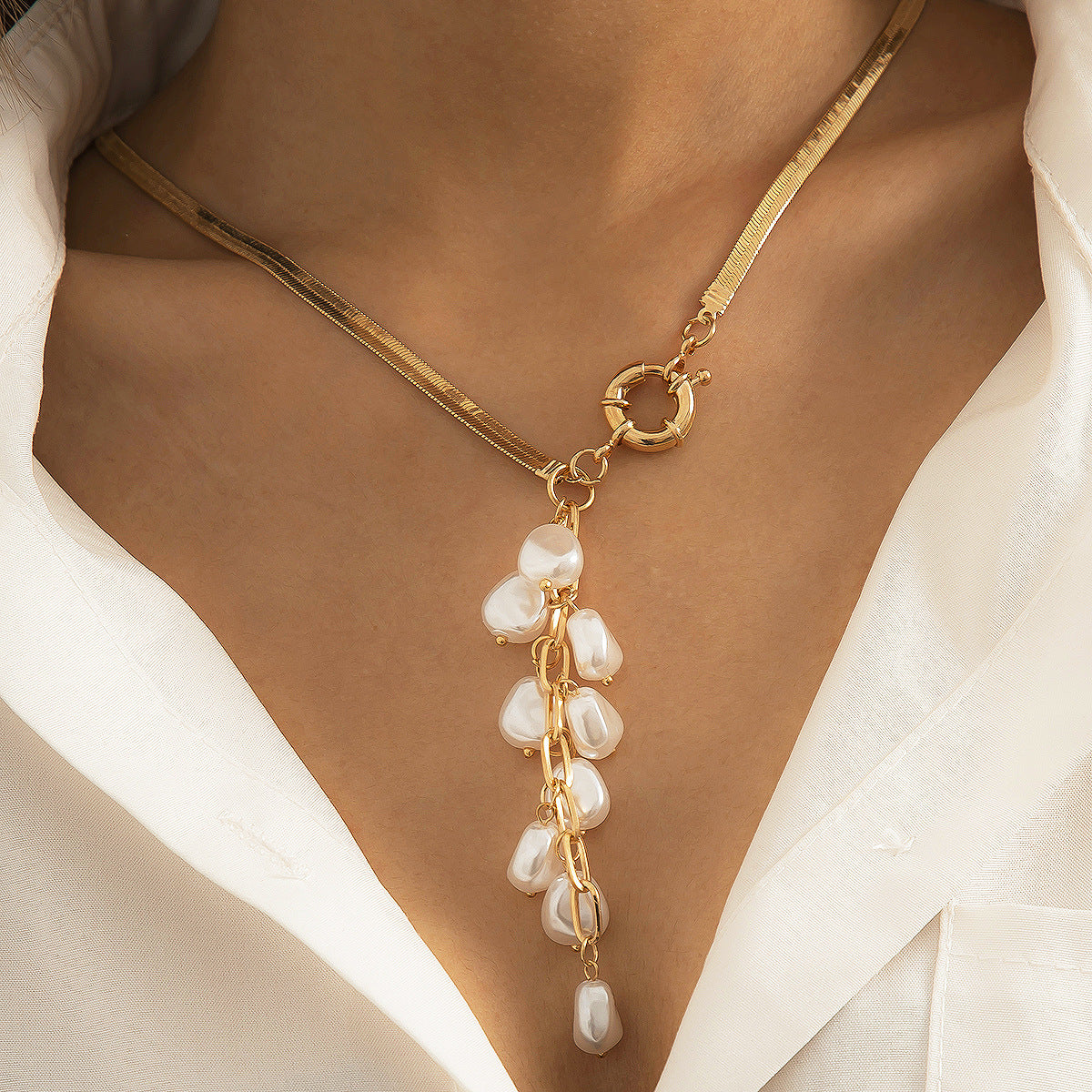 Vintage Baroque Geometric Faux Pearl Tassel Necklace Plated Snake Chain Women's Jewelry