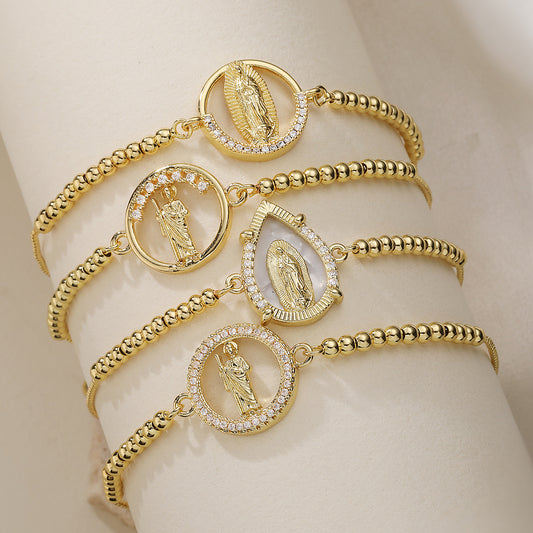 Vintage 18K Gold Plated Brass Geometric Bracelet with Cubic Zirconia Virgin Mary Charm for Women