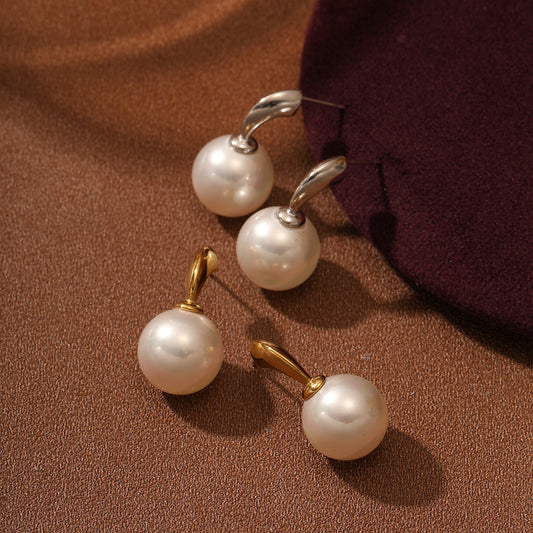 French Vintage Elegant Titanium Steel and Freshwater Pearl Stud Earrings for Women with Plated Finish