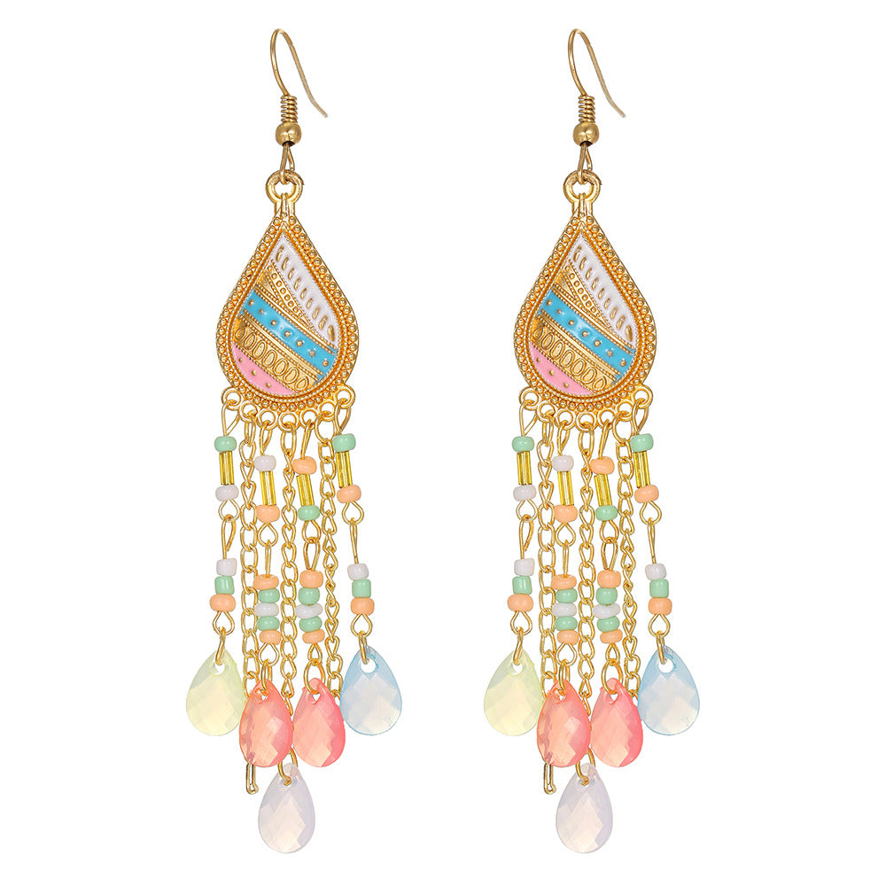 Bohemian Ethnic Teardrop Geometric Seed Bead Tassel Alloy Plated Earrings for Unisex