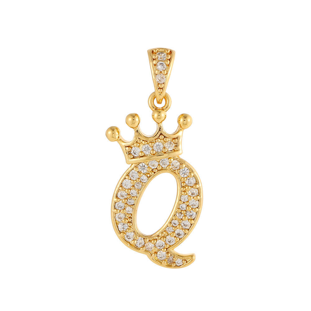 Gold Plated Brass Crown Letter Charm Bar with Cubic Zirconia for DIY Necklace Bracelet