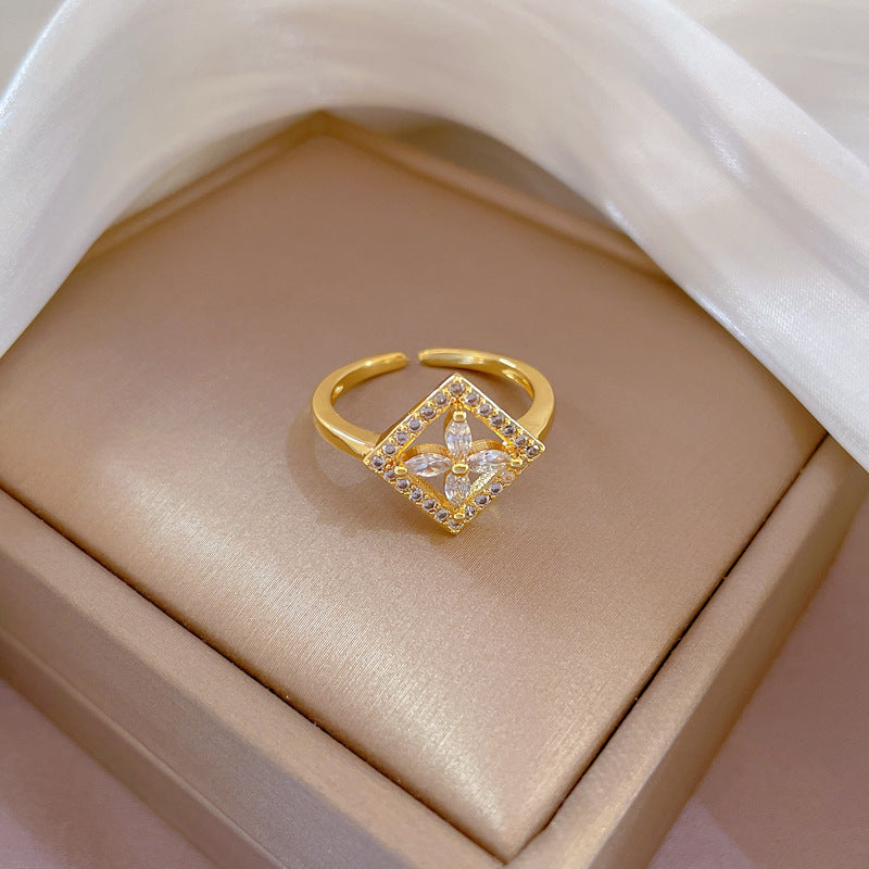Kawaii Style Floral Square Ring in Brass with Gold Plating for Women Adjustable Open Band