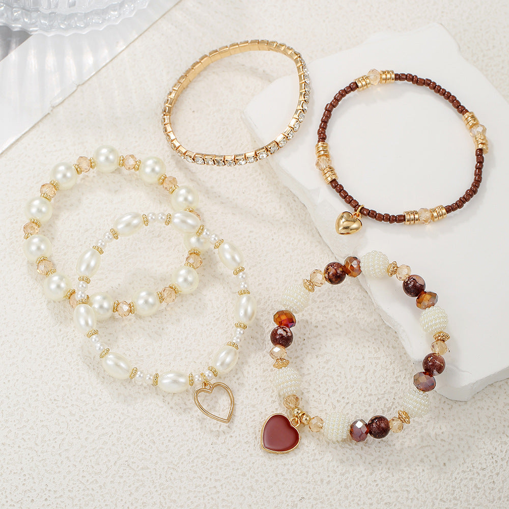 Bohemian Geometric Heart Round Alloy Pearl Rhinestone Bracelet for Women