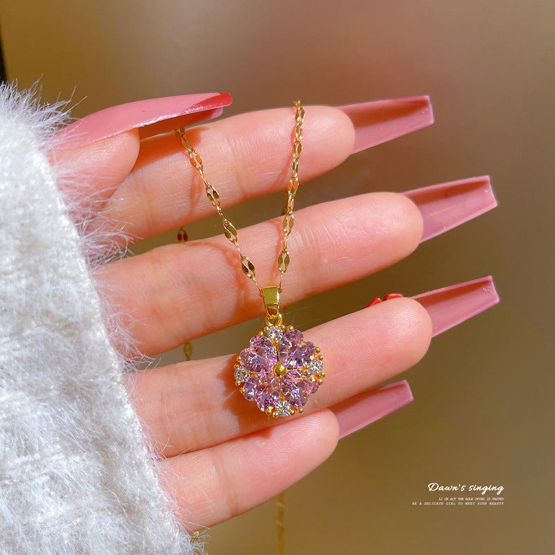 Elegant Titanium Steel Micro-Paved Rhinestone Necklace for Women Geometric Style Clavicle Chain with Star and Chain Motifs