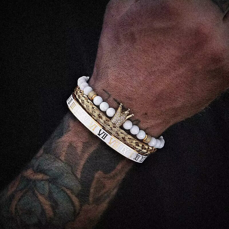 White Drip Oil Plated Stainless Steel Bracelet Set with Cubic Zirconia Skull, Leopard Head, Crown and Roman Numbers