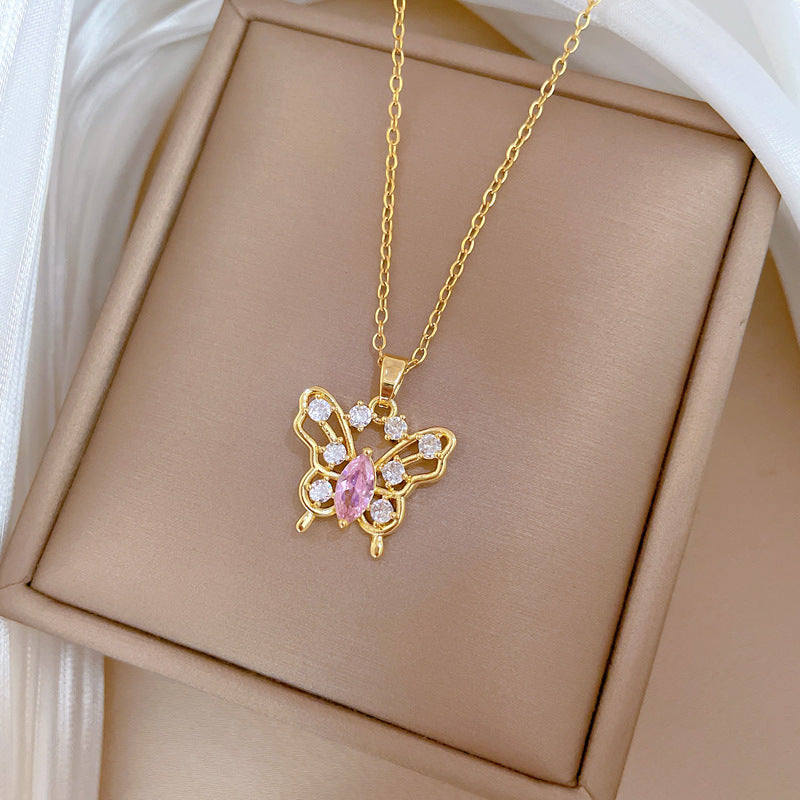 Minimalist Butterfly Pendant Necklace in Titanium Steel with Rhinestone Inlay for Women and Men, Delicate Hollow-Out Design with Adjustable Chain