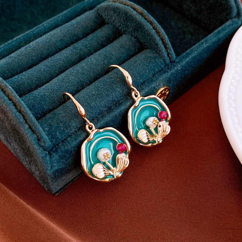 Vintage Floral and Geometric Enamel Earrings for Women with Gold-Plated Brass Base and Stainless Steel Posts