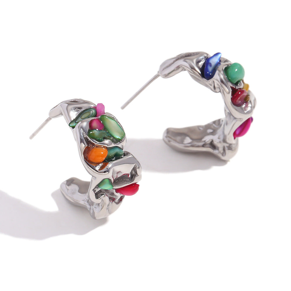 Geometric Irregular Fashion Earrings in Stainless Steel with 18K Gold Plating Featuring Spiral Seashell Design and Simulated Pearl Accents