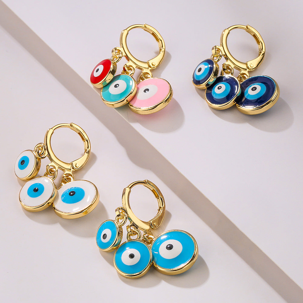 Minimalist Geometric Evil Eye Earrings for Women in Brass with Gold Plating and Enamel Finish
