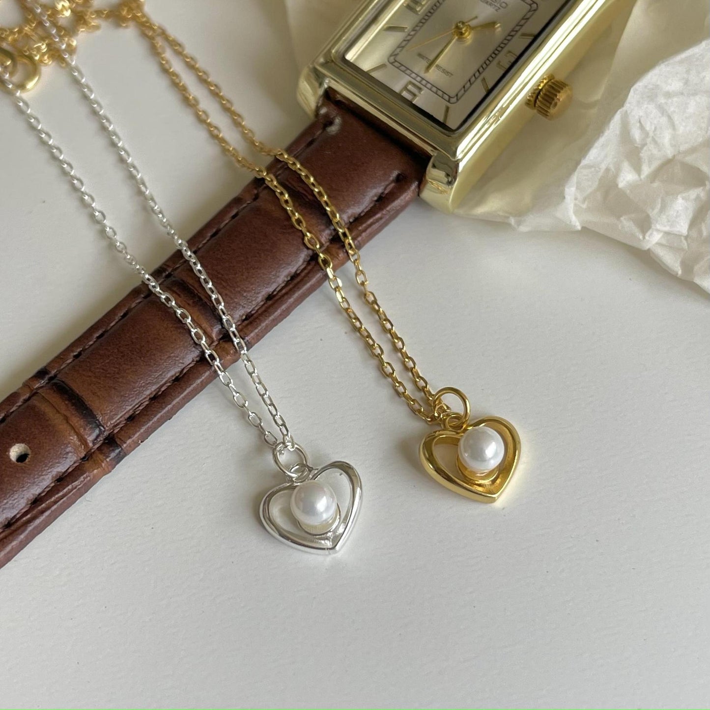 Minimalist Heart-Shaped 925 Sterling Silver Necklace with Pearl Accent, Dainty Adjustable Chain