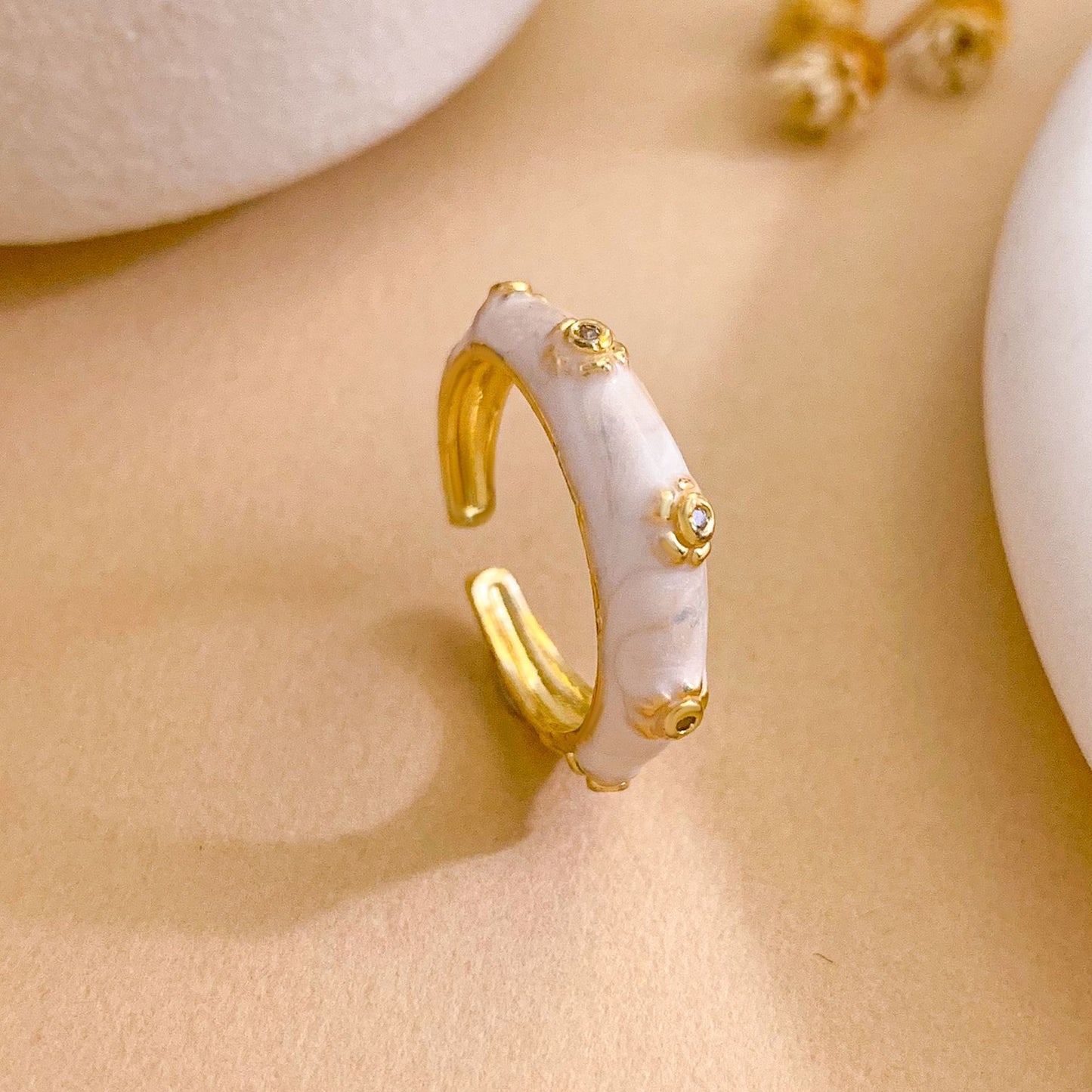 Vintage Sweet Floral Enamel Gold Plated Brass Open Ring for Women