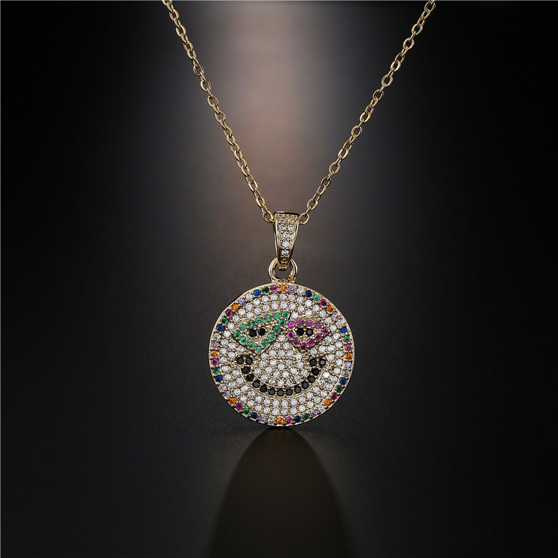 Hip-hop Punk Geometric Micro-inlay Cubic Zirconia 18K Gold Plated Brass Smile Face Necklace Box Chain
