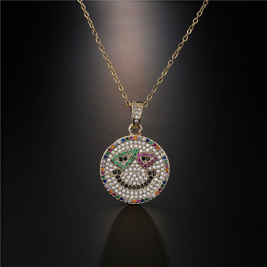 Hip-hop Punk Geometric Micro-inlay Cubic Zirconia 18K Gold Plated Brass Smile Face Necklace Box Chain