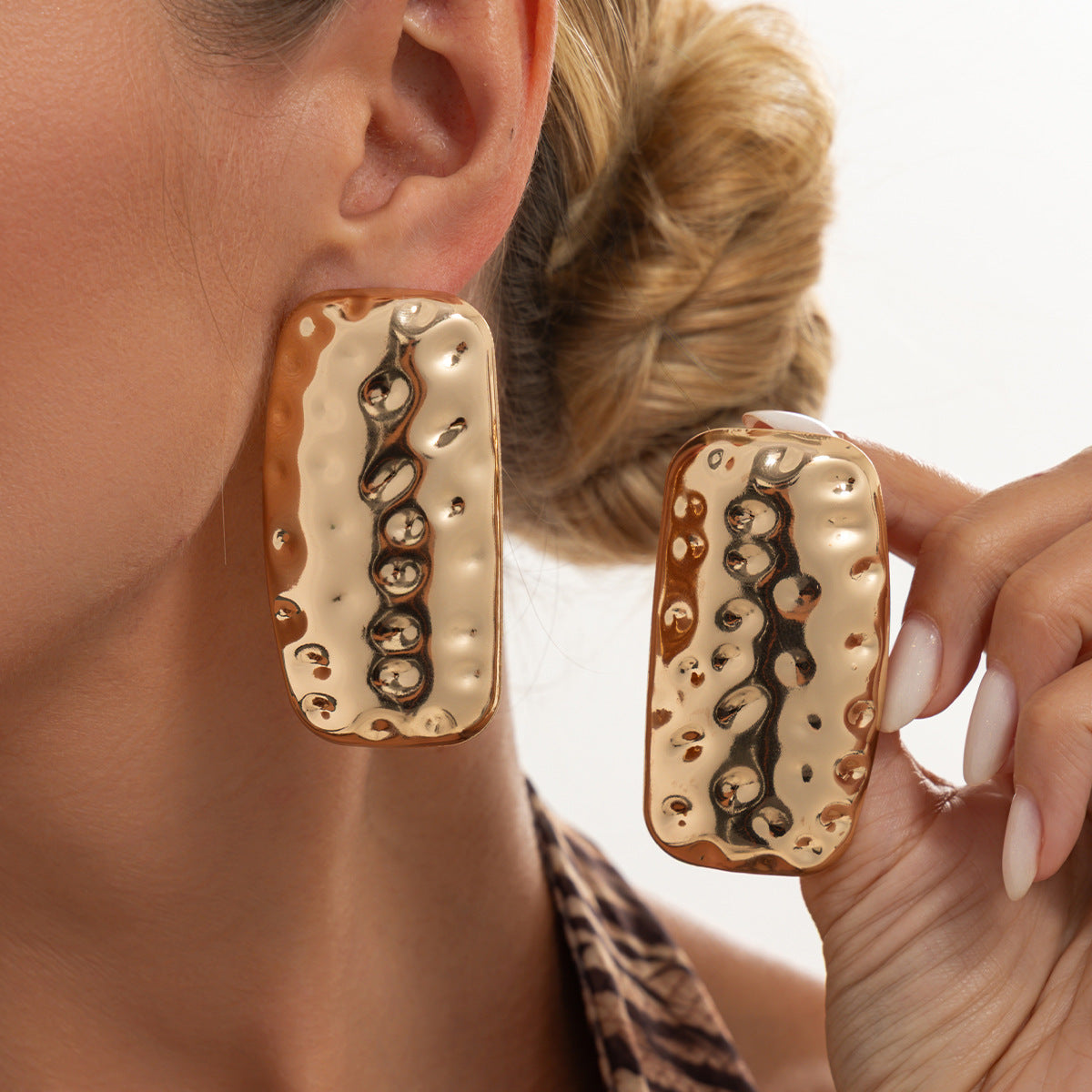 Hip-hop Geometric Rectangle Hammered Iron Plated Earrings for Women