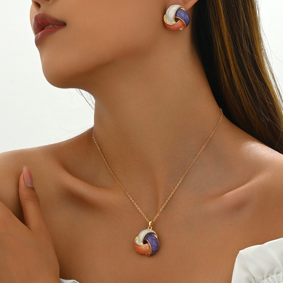 Parure di orecchini e collana geometrici in rame con smalto, dolci e di tendenza, da donna