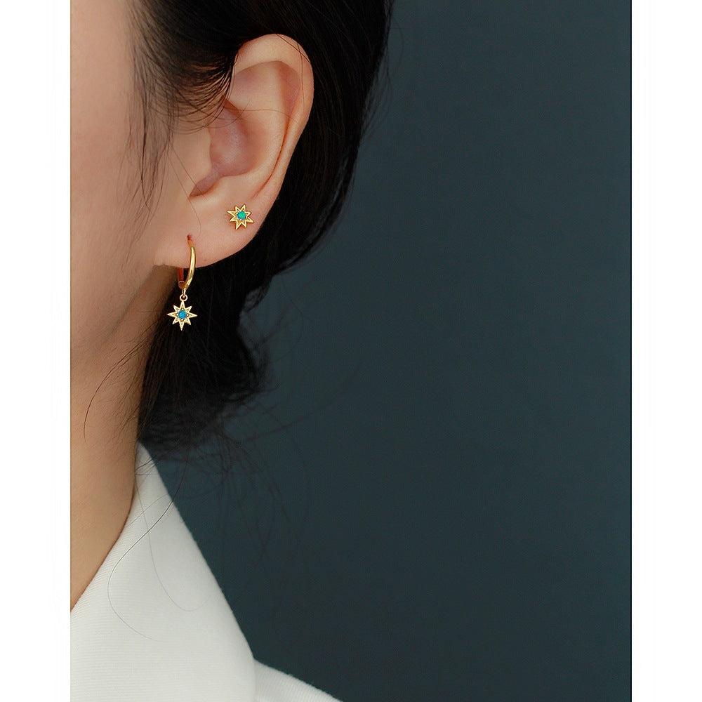 Sweet-Edgy Octagonal Star Shaped S925 Sterling Silver Opal Stud Earrings for Women