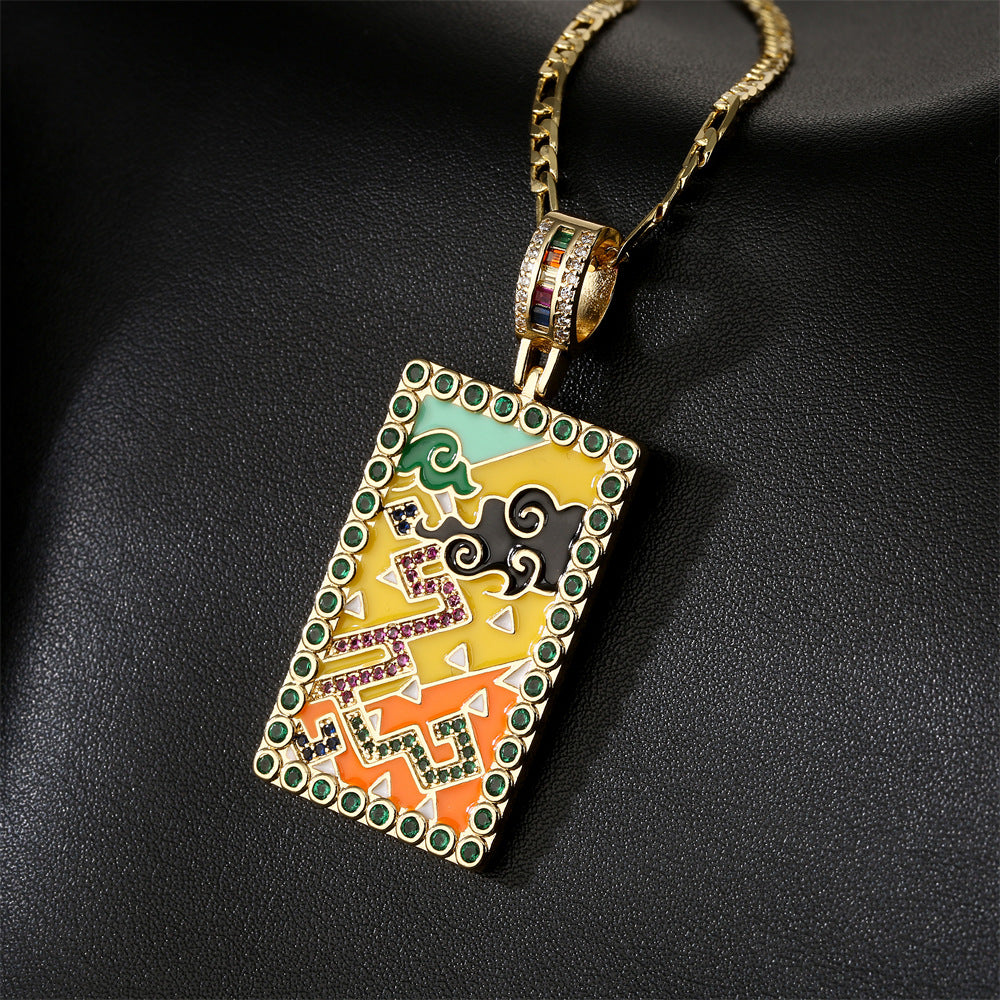 Collana con Ciondolo Vintage Minimalista Geometrico Smaltato Zircone Nuvola Pittura ad Olio Rame Placcato Oro 18K