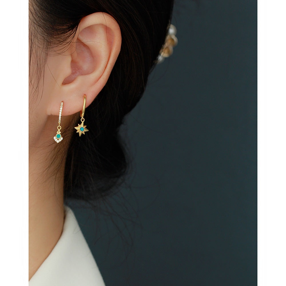 Bohemian Elegant 925 Sterling Silver Geometric Round Triangle Opal Cubic Zirconia Inlay Hoop Earrings