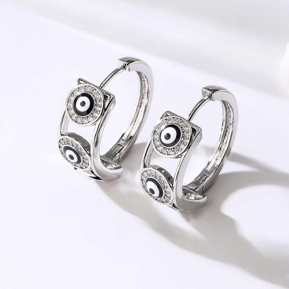 Vintage Style Geometric Copper Ear Cuffs with White Gold Plating and Micro-Paved Zirconia Evil Eye Design