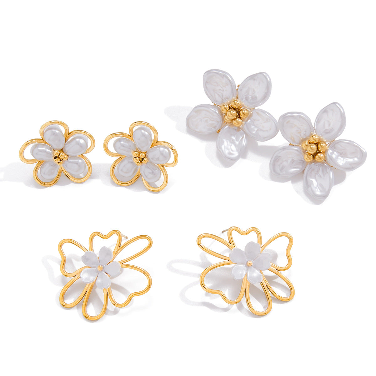 Pendientes de tuerca minimalistas geométricos de acero inoxidable con acabado chapado y adorno floral para mujer