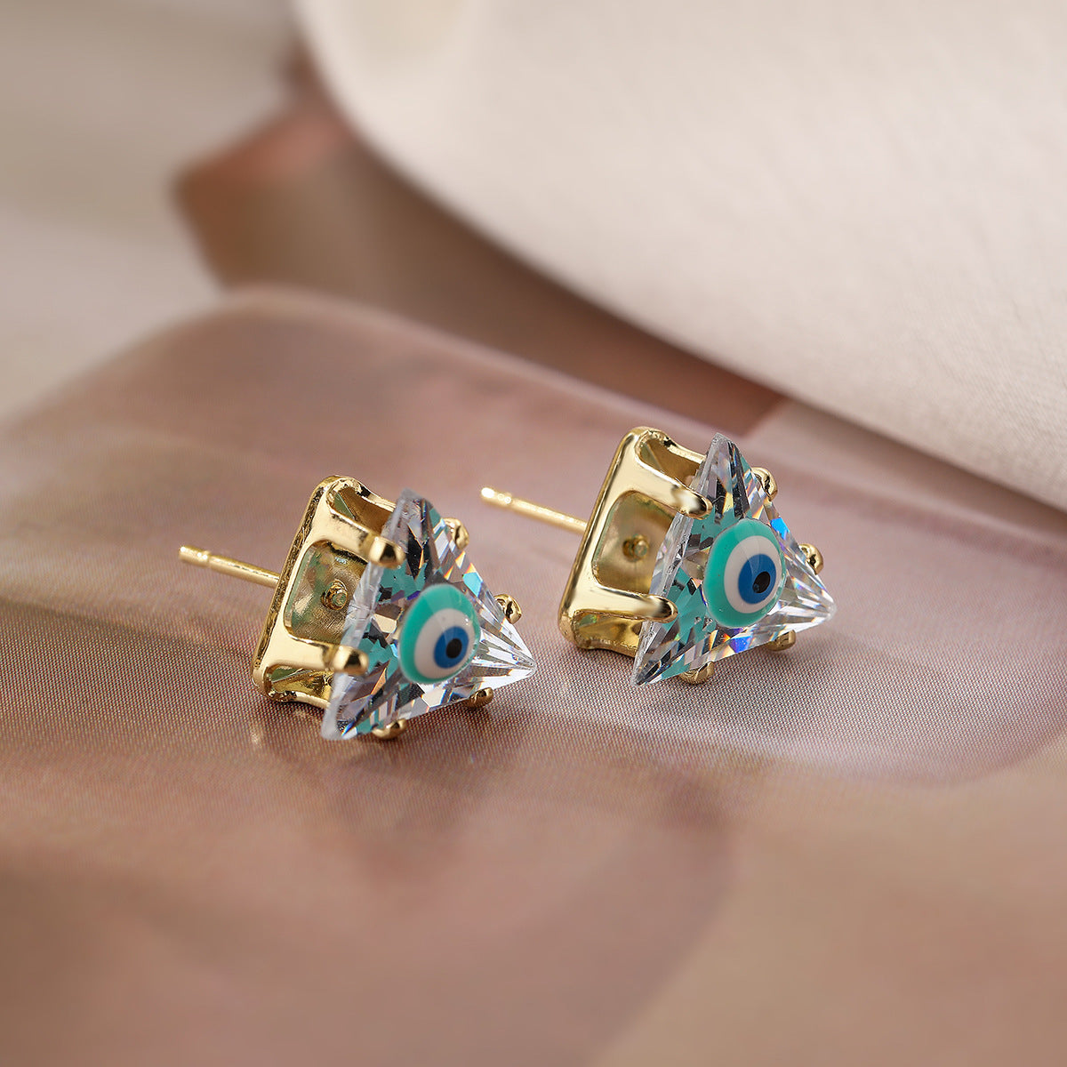 Minimalist Geometric Evil Eye Triangle Stud Earrings for Women in Brass with Micro-Pave Zirconia