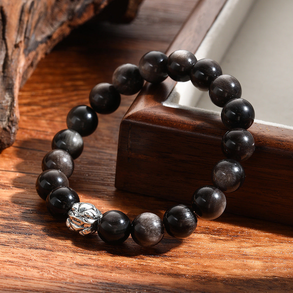 Natural Obsidian Beaded Stretch Bracelet with Pixiu Charm for Men and Women