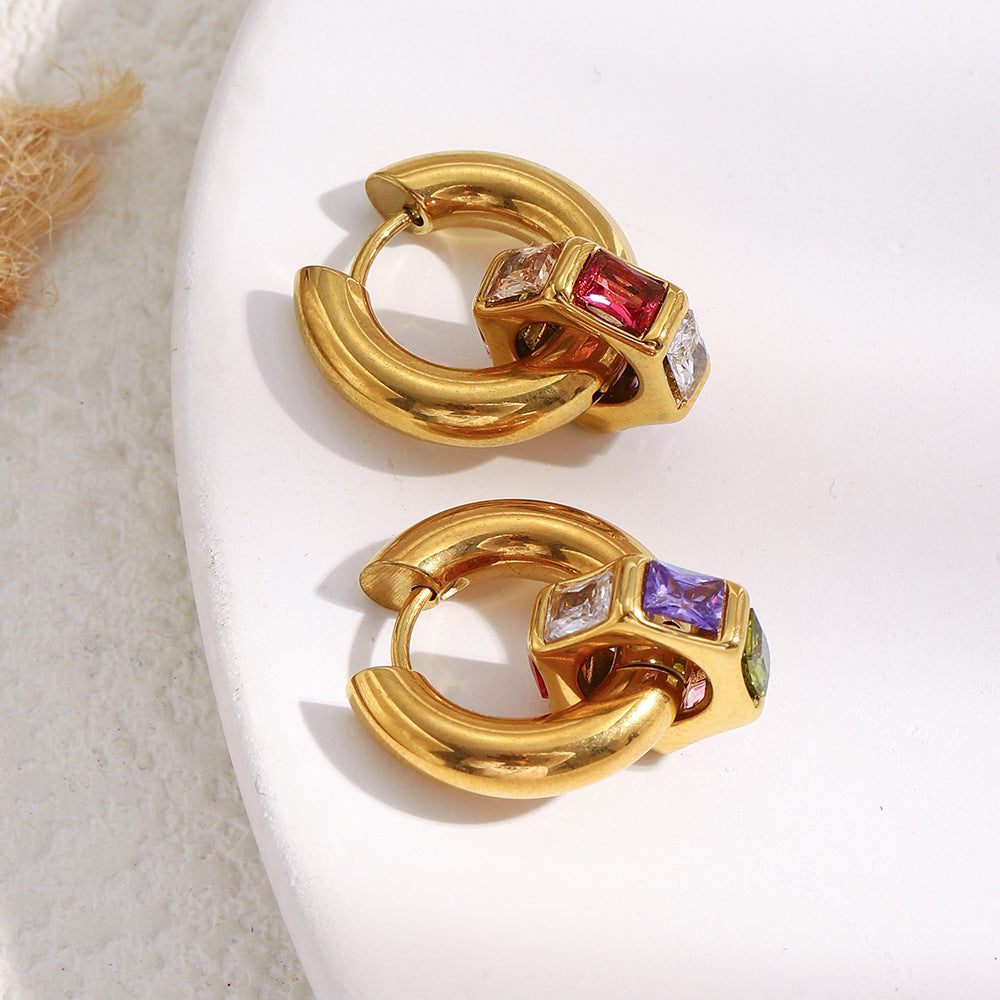 Orecchini Minimalisti Geometrici da Donna in Acciaio Inox con Placcatura in Oro 18K e Intarsio di Strass Colorati