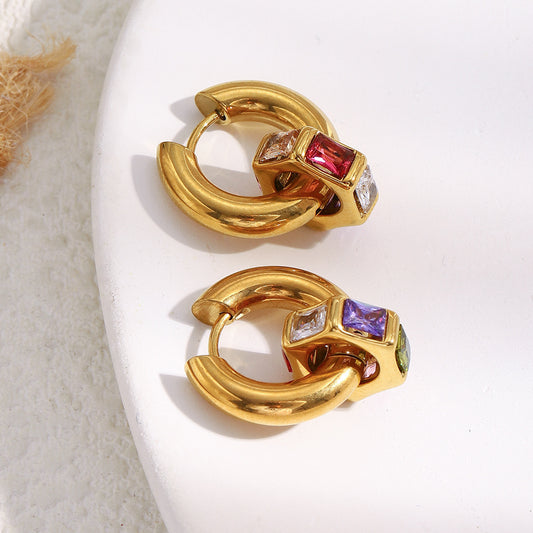 Orecchini Minimalisti Geometrici da Donna in Acciaio Inox con Placcatura in Oro 18K e Intarsio di Strass Colorati