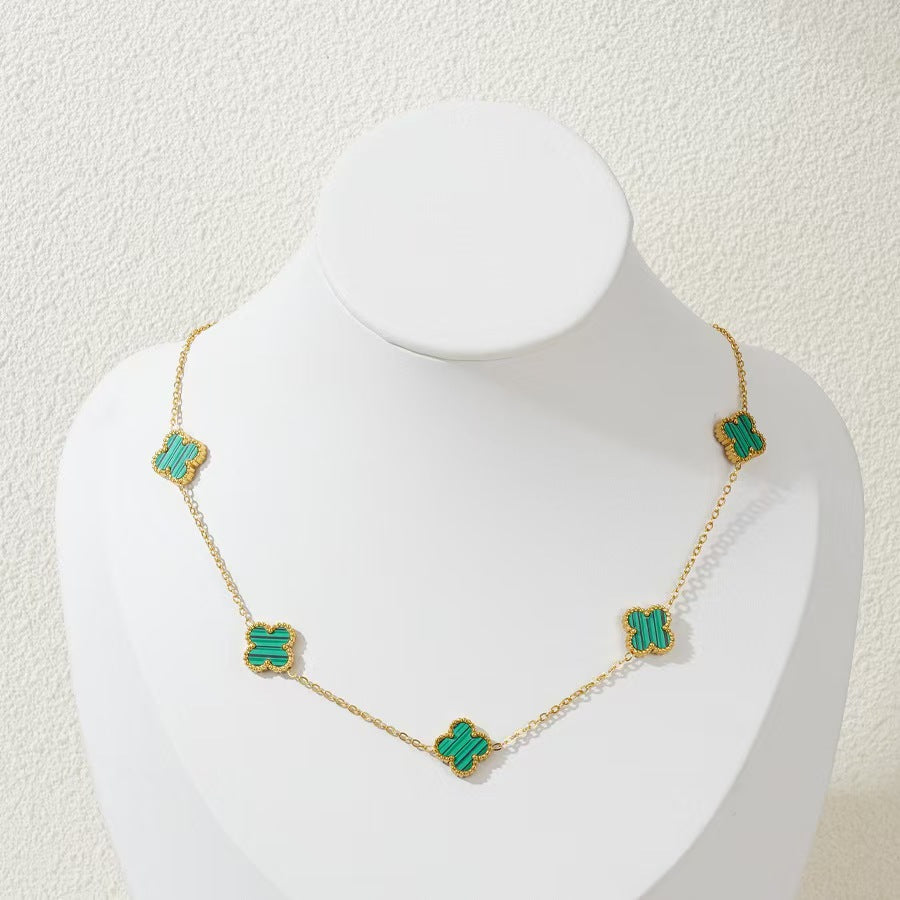 Elegant 9mm Four-Leaf Clover Floral Acrylic Pendant Gold Plated Titanium Steel Necklace for Women