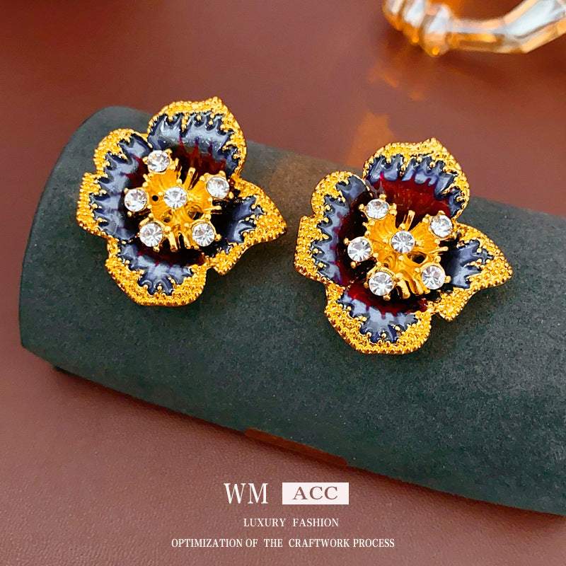 Vintage Floral Geometric Earrings with Enamel Finish and Rhinestone Inlay for Women Alloy Studs with Stainless Steel Posts