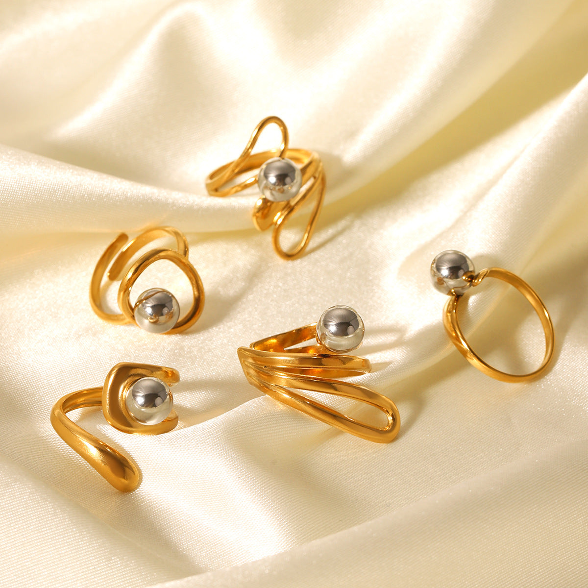 Geometric Ball-Shaped Titanium Steel Ring with Irregular Line Design for Women, Electroplated Stainless Steel Band Jewelry