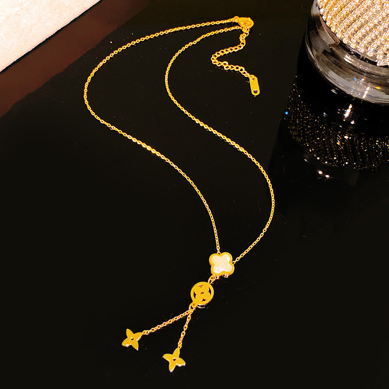 Minimalist Sweet Heart Floral Polished Gold Plated Titanium Steel Necklace with Tassel and White Shell