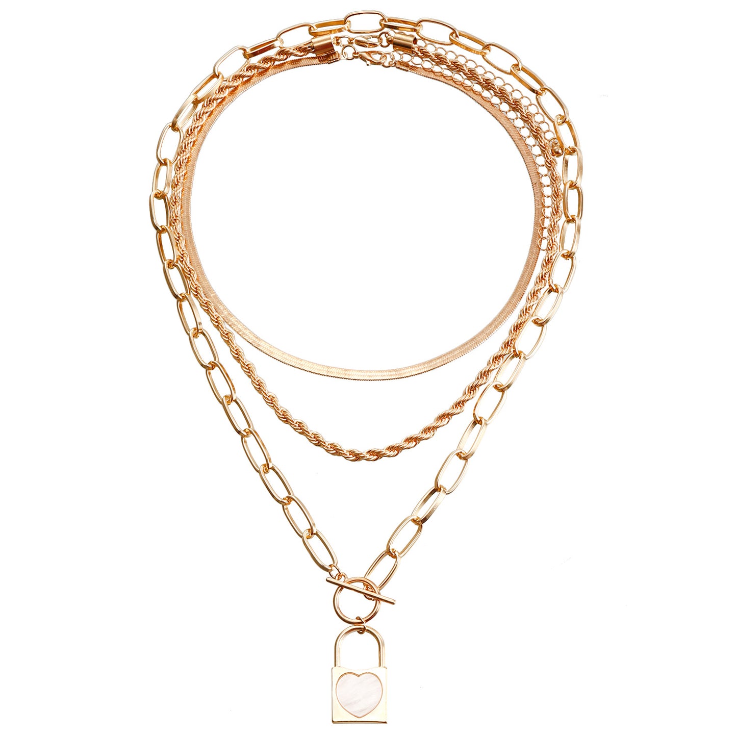 Collar de Mujer Punk con Colgante de Candado Geométrico Inspirado en Nácar y Cadena Clavicular de Triple Capa de Metal Bañado