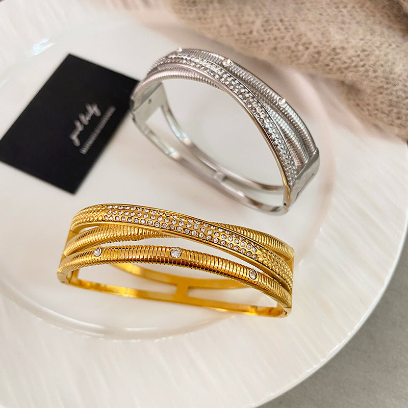 Three-Layer Cross Oval Geometric Cubic Zirconia Plated Titanium Steel Bracelet