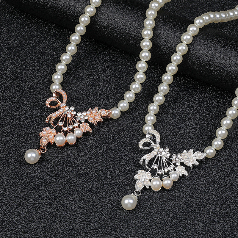 Chic Pearl-Embellished Alloy Drop-Shaped Floral Necklace and Earrings Set for Women with Tulip Peony and Wheat Motifs