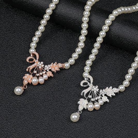 Elegante conjunto de collar con colgante floral en forma de gota y pendientes a juego, con perlas y aleación, para mujer, con motivos de tulipanes, peonías y espigas de trigo