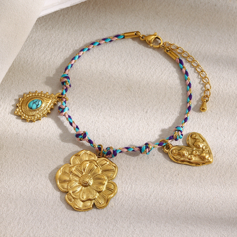 Bracciale da donna alla moda con perline a goccia di turchese in acciaio inossidabile placcato oro 18K a forma di fiore minimalista